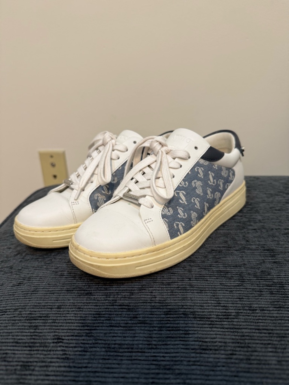 Jimmy Choo White & Blue Monogram Leather Sneakers (size 37)